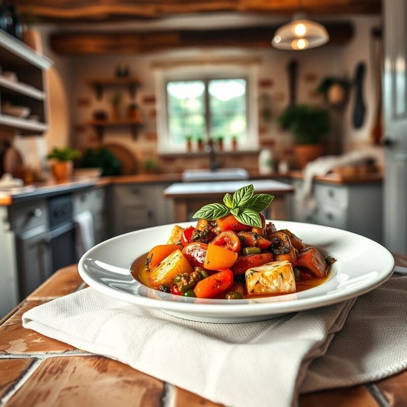 une-assiette-blanche-lgante-contenant-une-portion-de-ratatouille