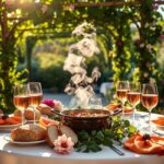 une-table-dresse-pour-un-repas-dt-lombre-dune-tonnelle-une ratatouille Niçoise est servie