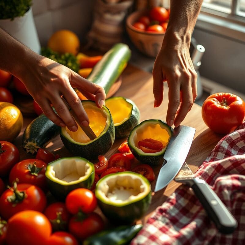 gros-plan-sur-des-mains-en-train-dvider-des-courgettes-ronde-et-des-tomates-fraches-avec-des-lg