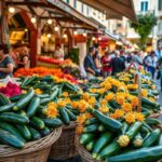 march-color-de-nice-avec-tal-de-fleurs-de-courgette-de-nice-fraches-paniers-en-osier-lumires