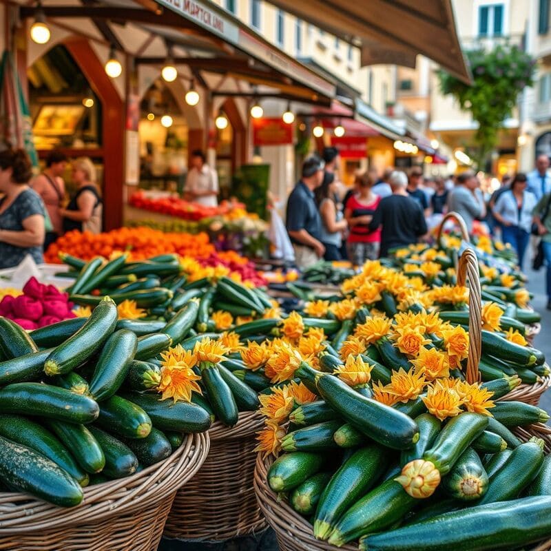 march-color-de-nice-avec-tal-de-fleurs-de-courgette-de-nice-fraches-paniers-en-osier-lumires