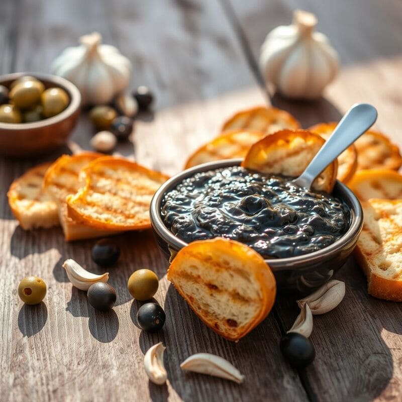 un-bol-de-tapenade-noire-maison-pos-sur-une-table-en-bois-entour-de-tranches-de-pain-grill-oliv