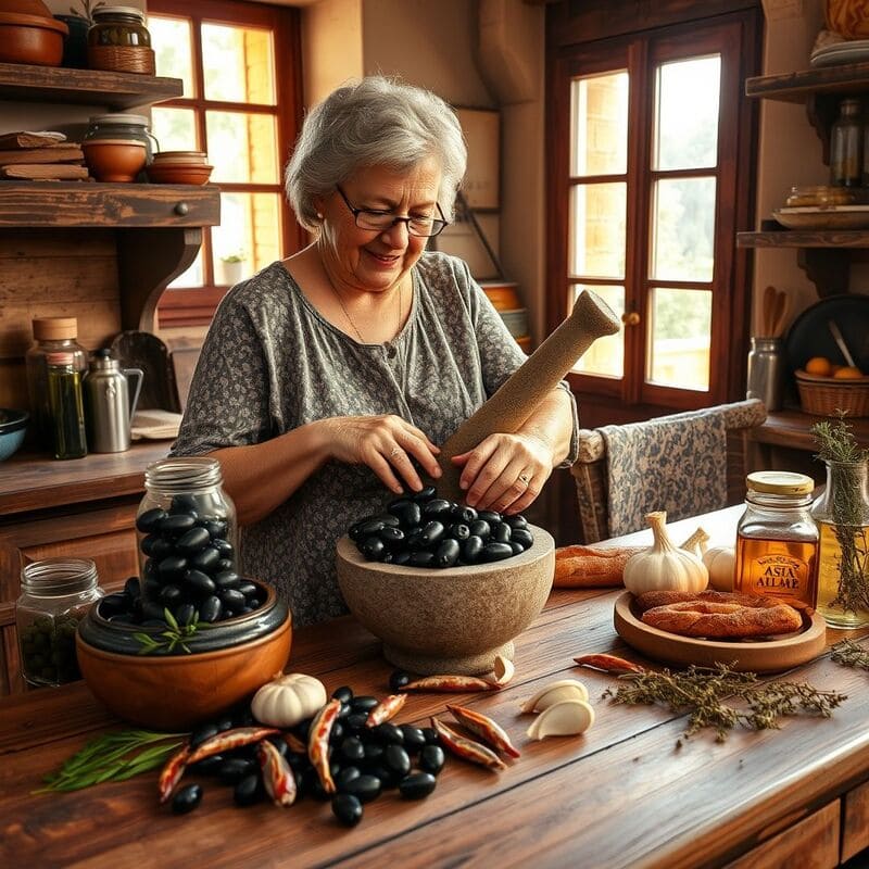 Une grand mère niçoise prépare la tapenade