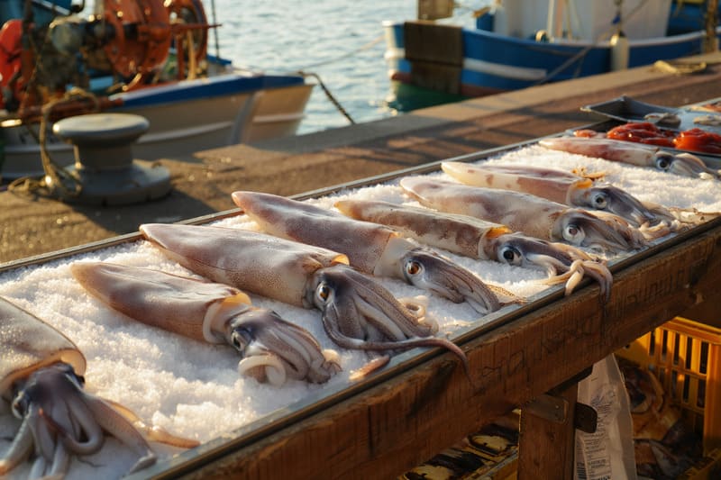 Encornet sur un banc de poisson du port de nice