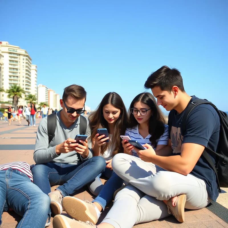 Etudiants sur la promenade des anglais consultant l ent