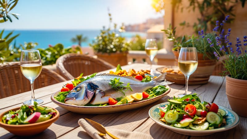Table a manger avec une dorade a la provencale dans un plat