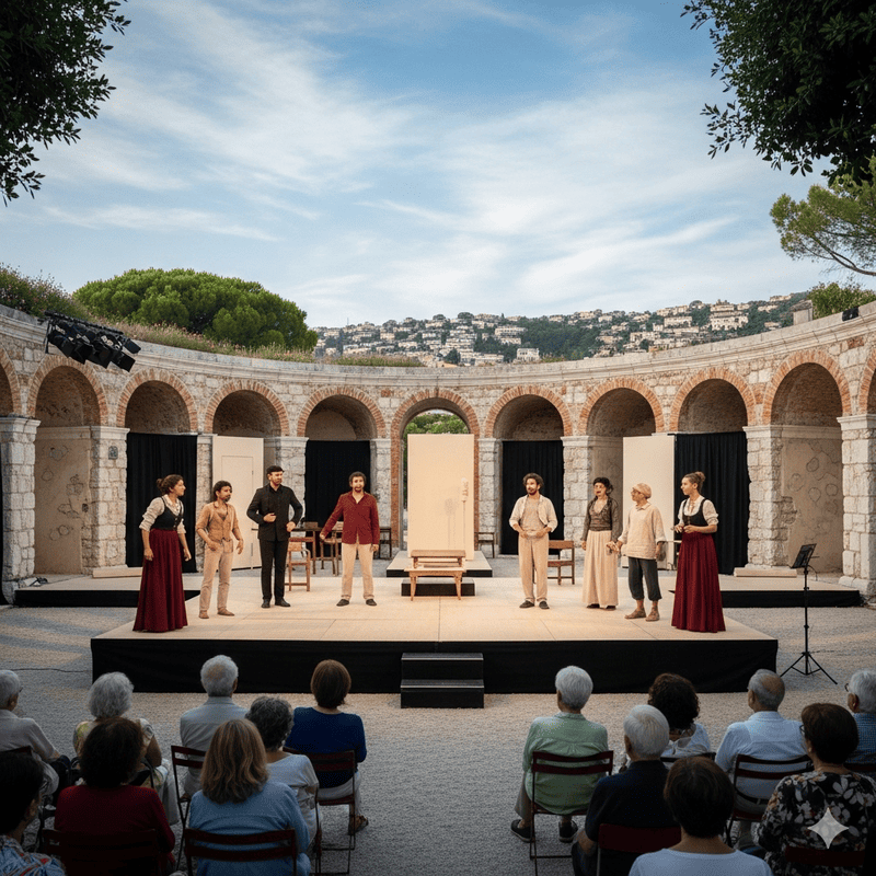Troupe de théatre Niçoise qui fait une représetation devant un public atttentif