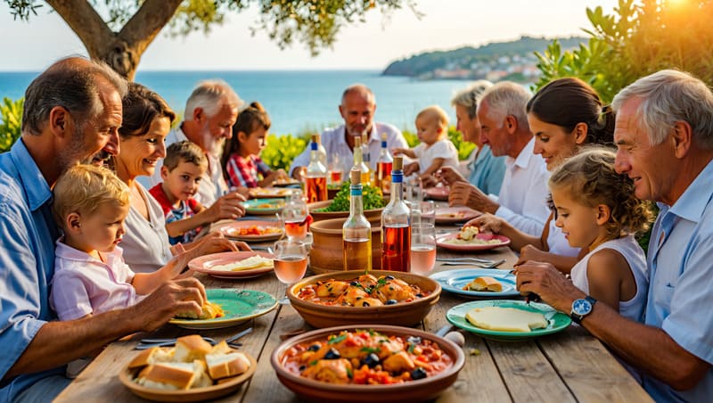 Une famille nicoise atablee pour deguster un poulet a la provencale