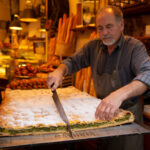 le boulanger découpe la tourte de blettes sucrée