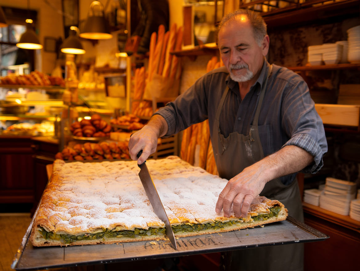 le boulanger découpe la tourte de blettes sucrée