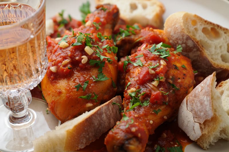 poulet a la provencale avec un verre de vin