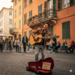 Artiste jouant devant une facade nicoise sur la rue massena à Nice