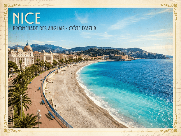 Carte postale de Nice montrant une plage de galets