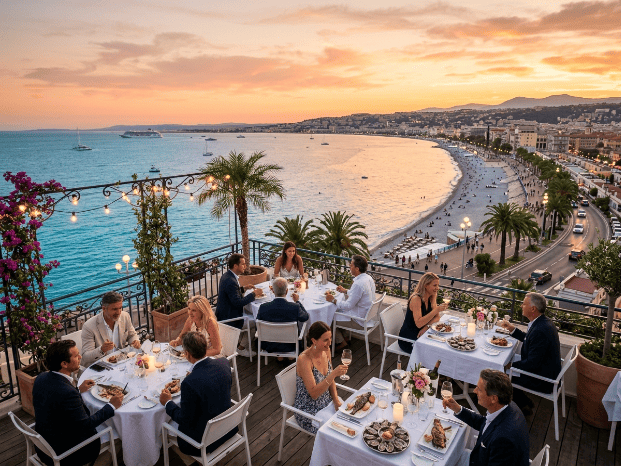Une terrasse de restaurant nicois avec vue sur la baie des anges