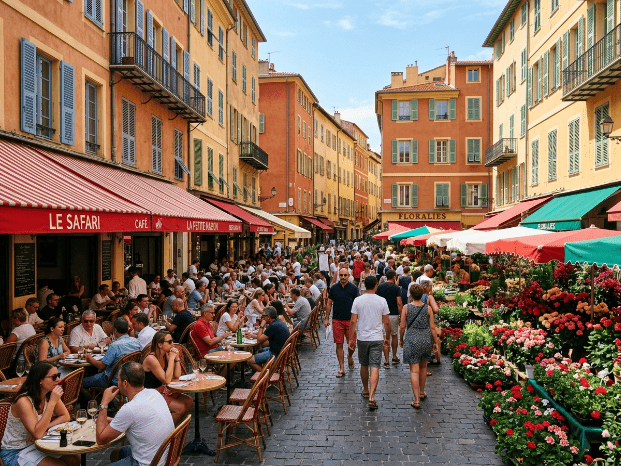 rue pietonne avec des terrasses de restaurant nicois