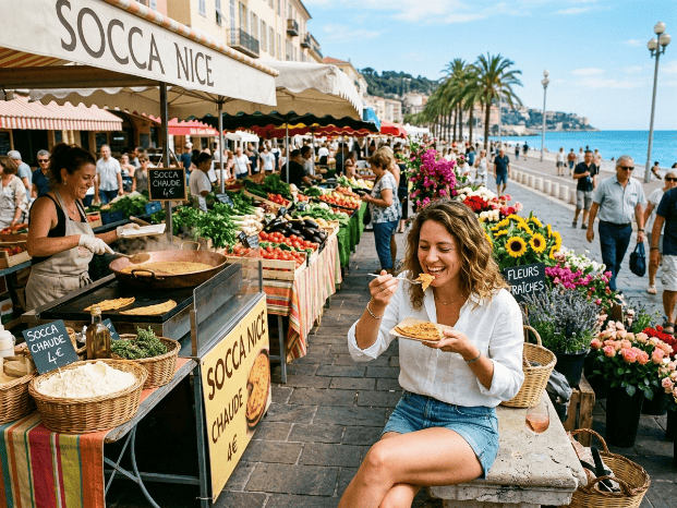 une nicoise mange une part de socca