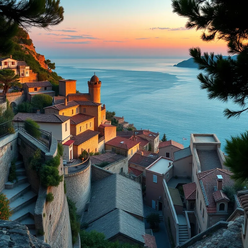 Vue panoramique d'Éze avec ses ruelles médiévales et la mer Méditerranée.