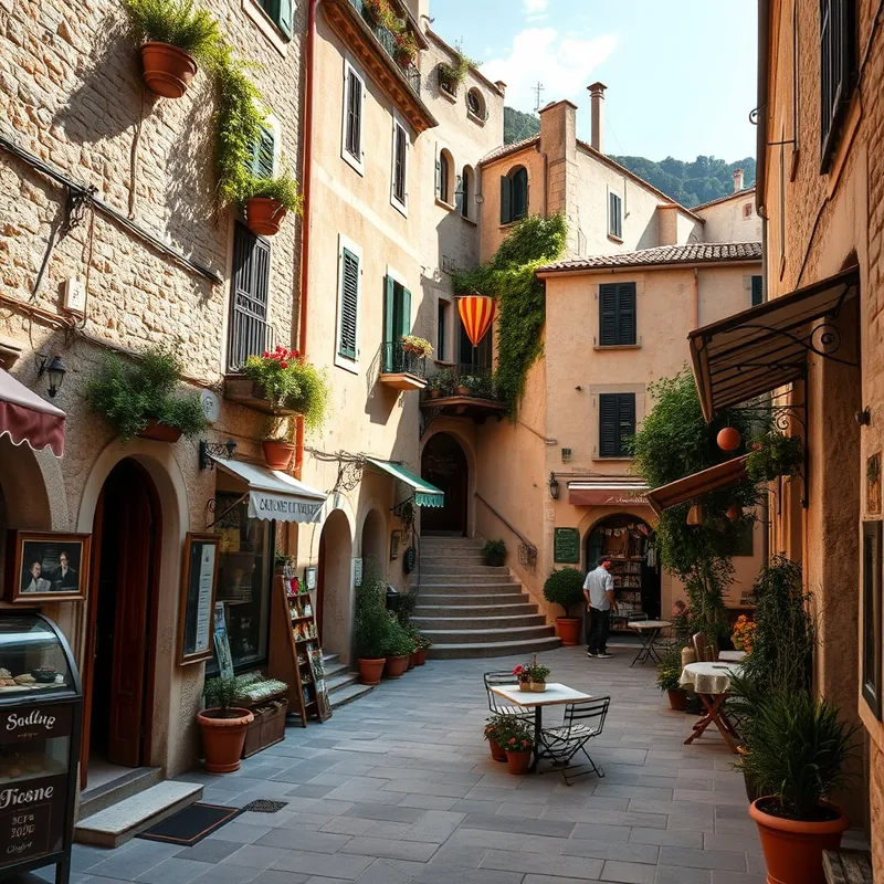 Vue pittoresque du village d'Éze avec ses ruelles et boutiques artisanales.