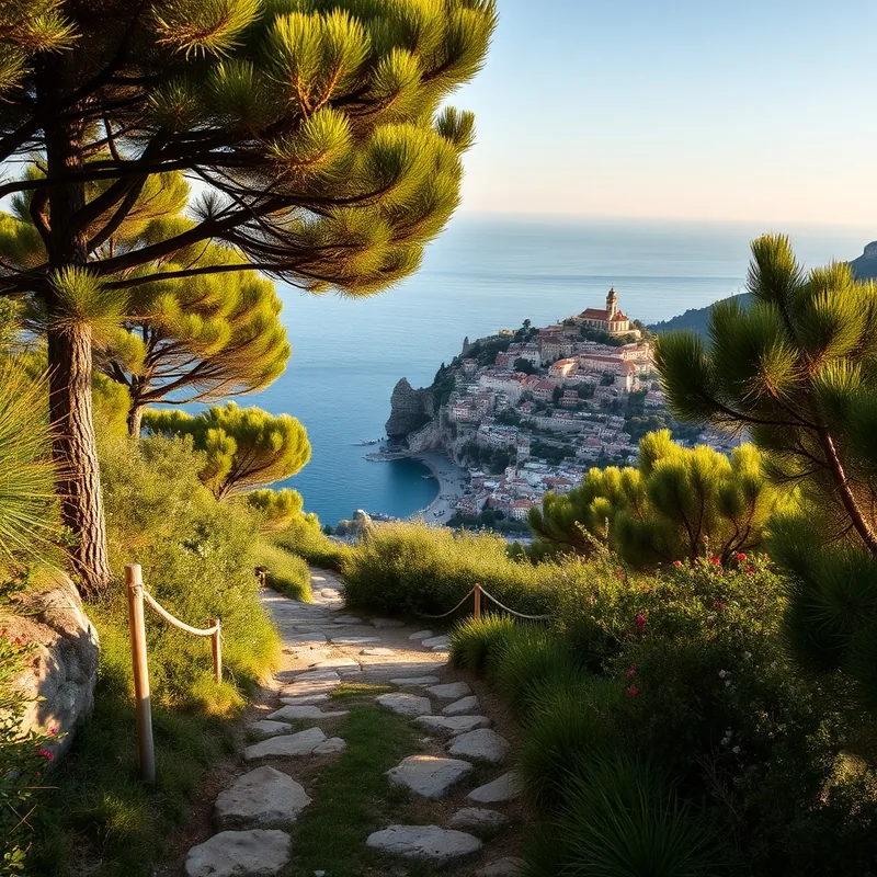 Vue du sentier menant d'Éze-sur-Mer au village médiéval.