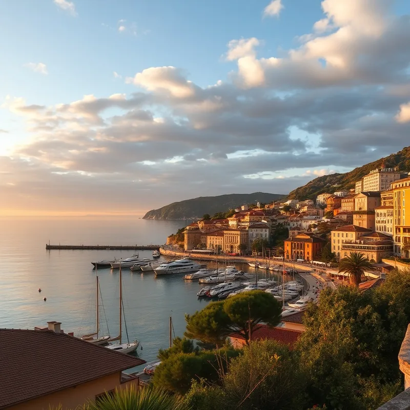 Vue de la rade de Villefranche-sur-Mer au coucher de soleil.