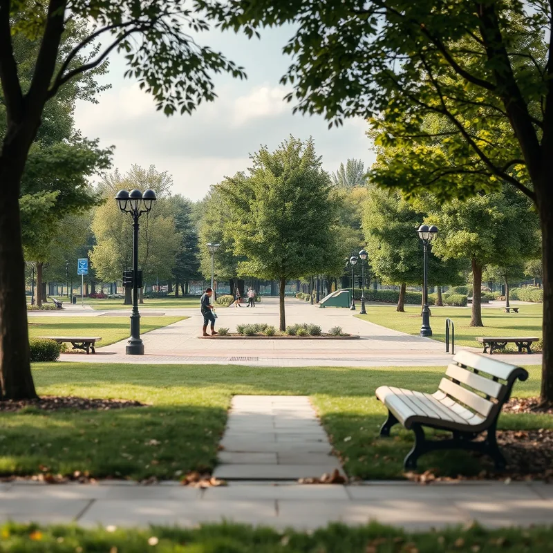 Un parc paisible avec des arbres et des bancs, symbole de la transformation.
