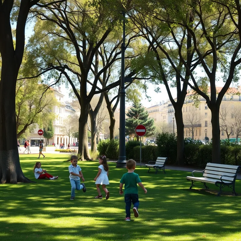 Un parc urbain à Nice, avec des enfants jouant et des bancs ombragés.