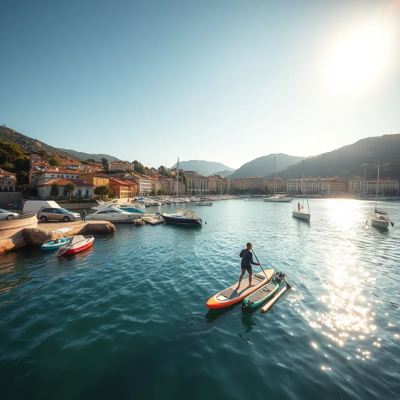 Vue paisible de Villefranche-sur-Mer avec paddle et voile.
