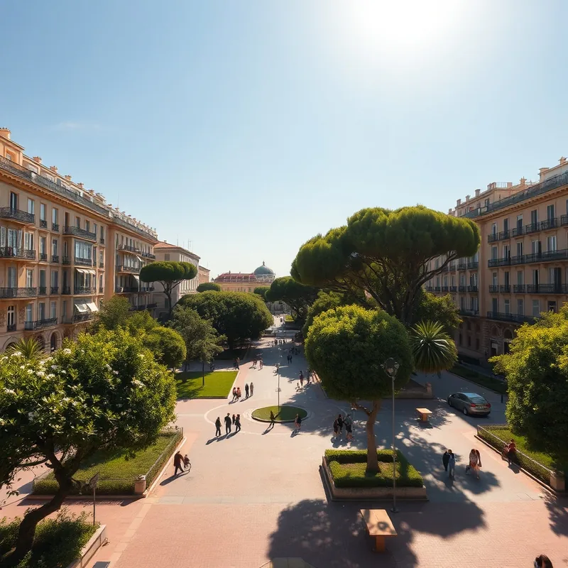 Vue ensoleillée du square Normandie-Niémen, verdure luxuriante et ambiance vivante.