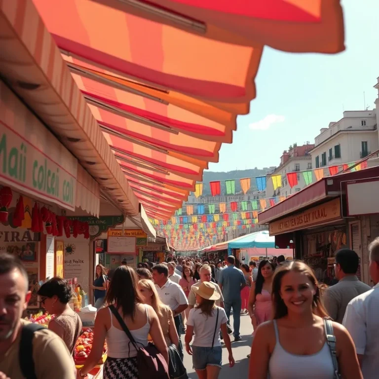 Scène festive de la Fête des Mai à Nice, avec des stands colorés.
