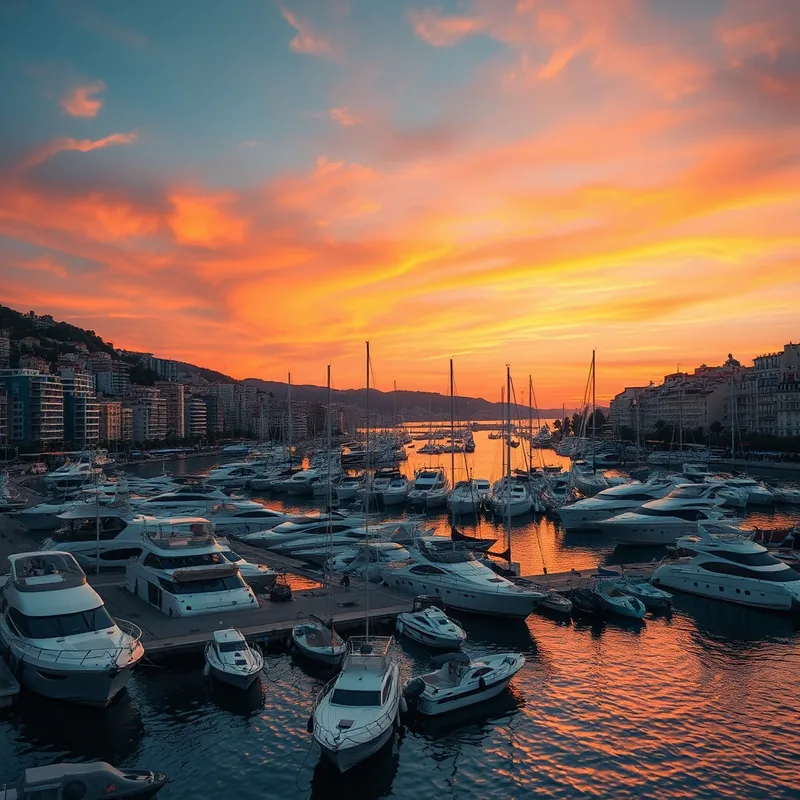 Coucher de soleil sur le port de Nice, ambiance animée avec des bateaux.