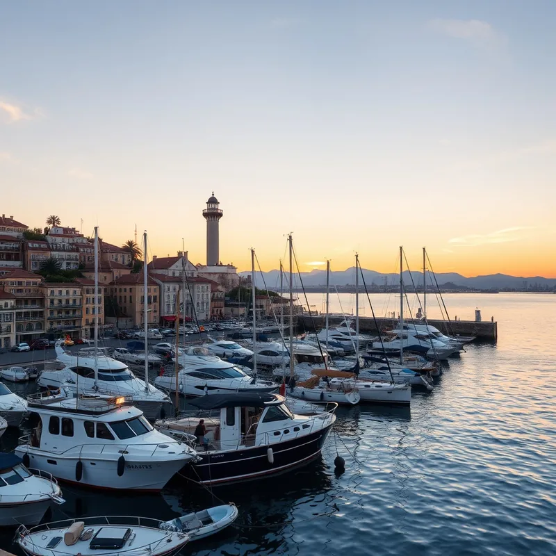Vue du Port de Nice avec des bateaux et le phare au coucher du soleil.