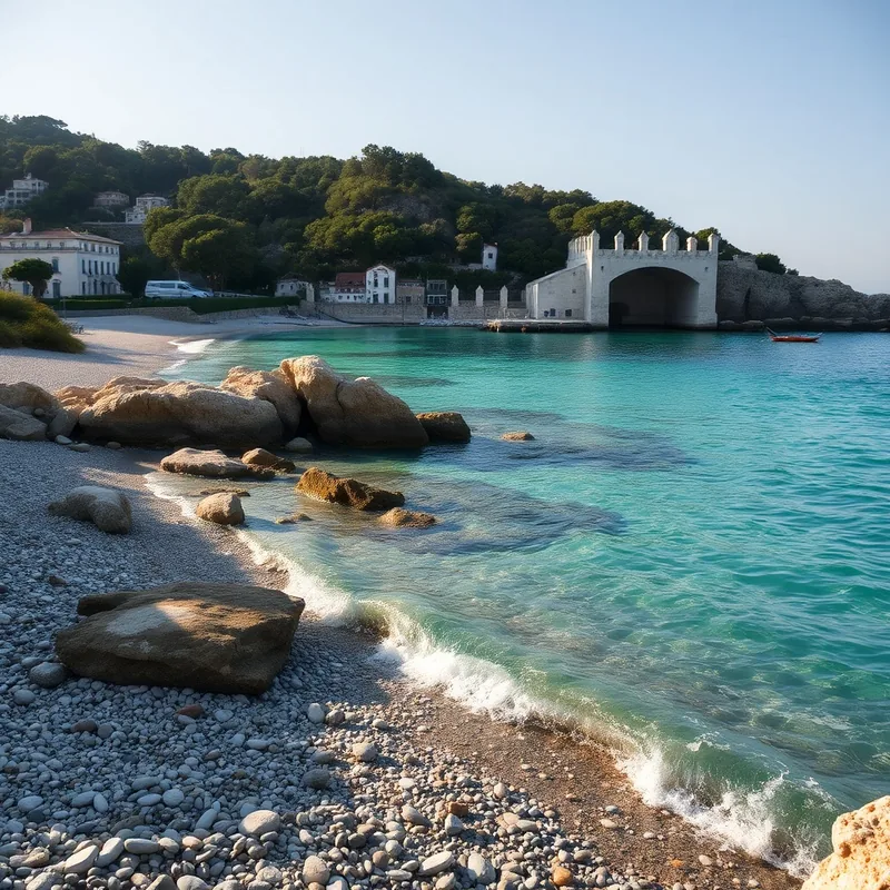 Matin paisible à la Baie des Anges, eaux turquoises et plage de galets.