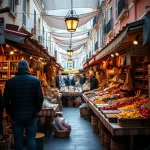 Marché artisanal à Nice, présentant des créations faites main et des spécialités locales.
