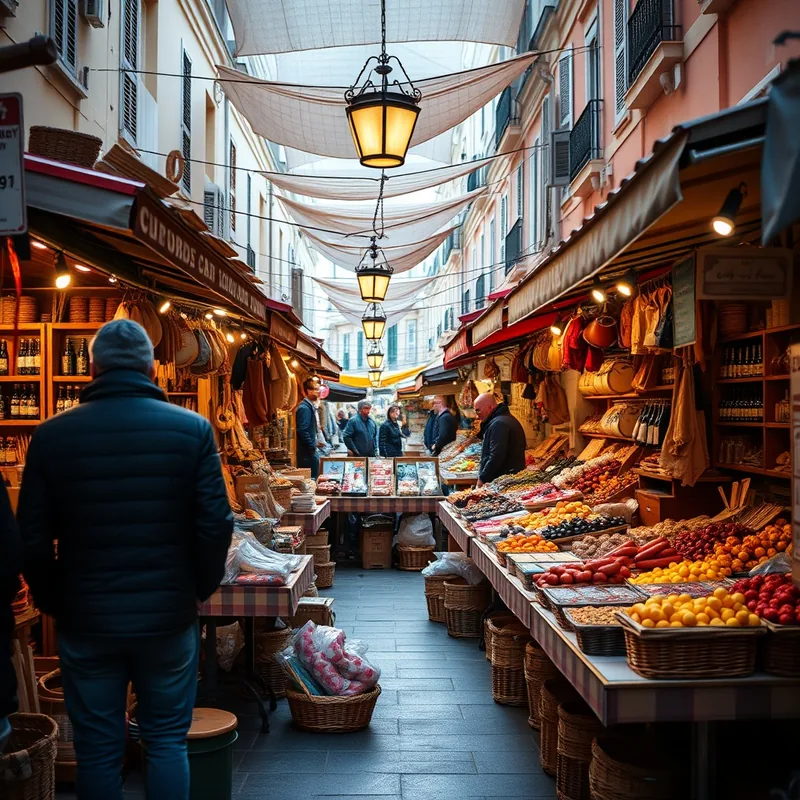 Marché artisanal à Nice, présentant des créations faites main et des spécialités locales.