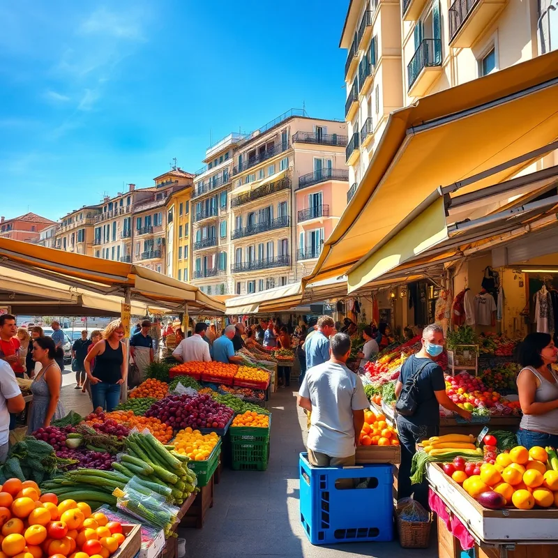 Un marché niçois animé avec des fruits et légumes colorés sous un ciel ensoleillé.