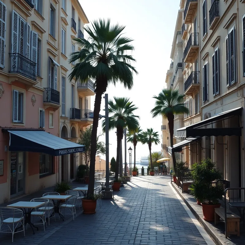 rue résidentielle paisible à Nice avec cafés chics et palmiers