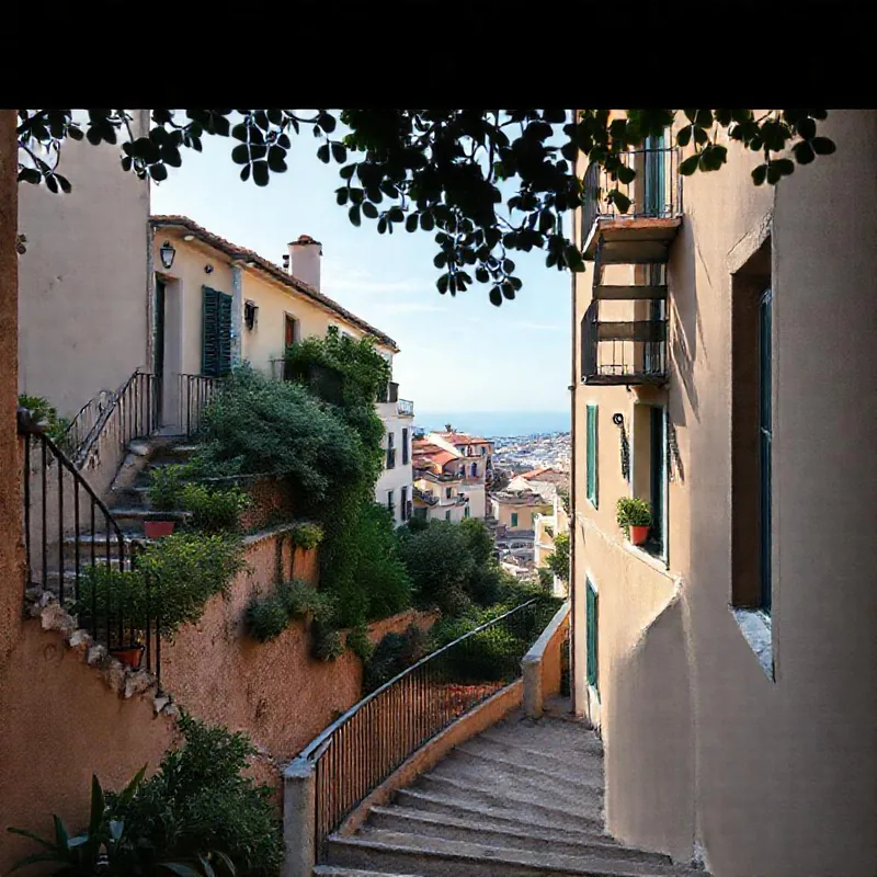 Escaliers cachés et villas historiques à Nice, ambiance paisible et authentique.