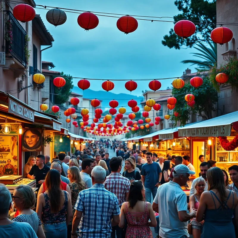 Une scène de festival animé sur la Côte d'Azur avec des gens qui dansent.