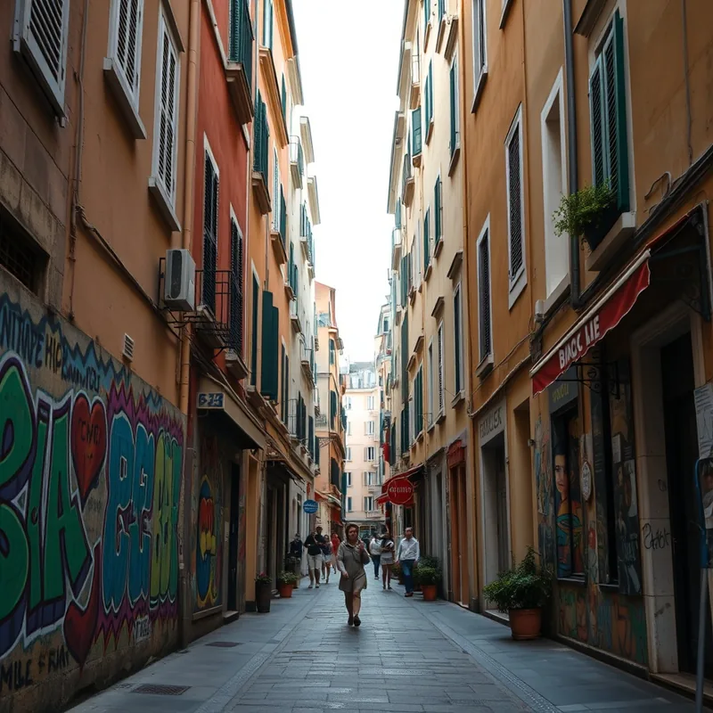 Scène de ruelles niçoises avec art de rue et ambiance locale.