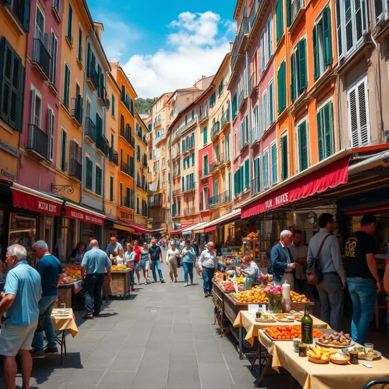 Scène animée d'une ruelle niçoise, bâtiments colorés et marché vivant.